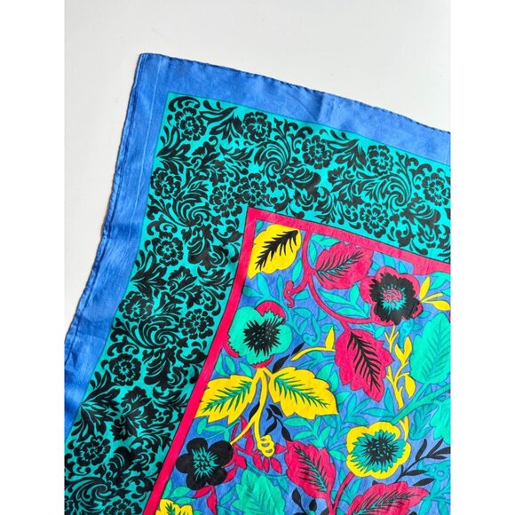Vintage Unbranded Blue Green Tropical Floral Silk Habotai 31" x 31" Square Scarf - Picture 4 of 14
